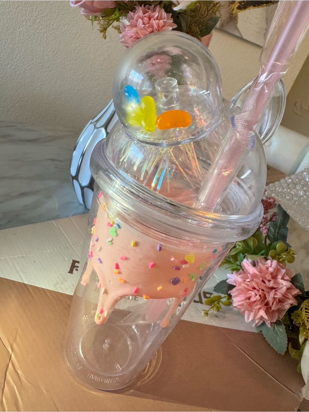 Disney Pink Sprinkle Drip Party Tumbler with Dome Lid and Pastel Straw
